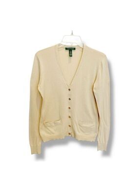Lauren Ralph Lauren Beige Cotton V-Neck Logo Cardigan Sweater Women’s Size Small